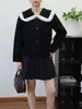 Cardigan de Lã Dupla Face Tricotado Estilo Pequena Fragrância com Gola Peter Pan 2025 Outono Novo Design Solto Jaqueta Suéter para Mulheres