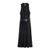 Comércio Exterior Atacado Outono Feminino Novo Estilo Estilo Senhora Textura de Cetim de Seda Sem Mangas Vestido Midi com Cinto
