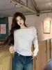 Toma real: Suéter de punto de manga larga para mujer, color liso, cuello asimétrico, camiseta base ajustada de manga corta, suéter cálido de otoño e invierno 18105