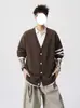 Cardigã Tricô Três Listras Estilo Americano Masculino Outono Tendência Marca Estilo Preguiçoso Retrô Casual Versátil Roupa Externa para Casal