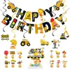 Decoraciones de Fiesta de Cumpleaños Temáticas de Vehículos de Construcción de Dibujos Animados Banner de Excavadora Set de Toppers con Forma de Huevo Banderines Toppers para Pastel