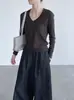 Suéter de Tricô Taochuan Elegante com Decote em V e Barra Dobrada de Manga Longa para Mulheres, Novo Outono 2026 Slim Fit Versátil Top YL176