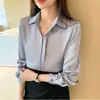 Toma Real de Moda Femenina para Exportación: Ropa de Mujer Estilo Otoño Nuevo Imitación Seda Satín, Camisa de Gasa Color Sólido, Cárdigan, Blusa