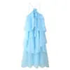 Vestido de moda feminina europeia e americana transfronteiriço, best-seller do AliExpress, floral, em camadas, sem costas, com gola halter