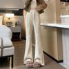 Foto Real de Pantalones Acampanados con Cordón y Botón para Mujer en Otoño e Invierno Nuevo Estilo de Cintura Alta Adelgazantes Suaves tipo Cera Estilo Perezoso Casual de Punto de Pierna Ancha