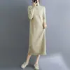 Vestido de Punto Largo Cálido de Color Puro con Borlas, Estilo Literario Retro, Cuello Medio Alto, Exportación Japonesa y Coreana, Otoño e Invierno 2025 para Mujer