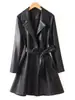 Jaqueta de Couro Haining Nova Outono/Inverno 2026 para Mulheres, Casaco Trench Clássico Fashion de Comprimento Médio com Gola Lapela, Casaco de Couro Biker Tamanho Plus