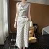 Vestido a rayas sin mangas de mezcla de algodón y poliéster, escote en V, ajustado a la cintura, vestido de longitud media adelgazante, nuevo estilo de verano, elegante y versátil, venta al por mayor