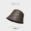 Sombrero de Pescador de Estilo de Diseñador de Nicho con Ala Ancha para Mujer, Sombrero de Cubo Casual Negro de Cuero de PU, Sombrero de Cuero de Otoño e Invierno que Hace que la Cara Parezca Más Pequeña