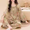 Verano Nuevo Algodón Seda Pijama Mujer Manga Larga Pantalones Cárdigan Estilo Nacional Estampado Cómodo Primavera Ropa de Casa Traje Delgado