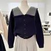 Nuevo Abrigo Suéter Coreano de Otoño e Invierno Holgado con Cuello Azul Marino Talla Grande Rayado Adelgazante Cardigan de Punto Botonado para Mujer