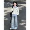 Moda Casual Simple Rayas Patchwork Falso Dos Piezas Manga Larga Pantalones de Pierna Ancha Conjunto de Dos Piezas para Niñas Primavera/Otoño