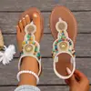 Sandalias de Tira Fina con Pedrería de Talla Grande Transfronterizas con Suela Gruesa para Mujer, Sandalias de Playa con Tira Elástica Estilo Étnico con Perlas