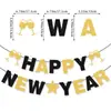 Transfronteiriço 2025 Feliz Ano Novo Banner Preto Dourado Decoração de Festa de Véspera de Ano Novo Bandeira Pendurada Taça de Vinho Bandeira de Fogos de Artifício Personalização Atacado