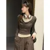 Camiseta de dos piezas verde de cuello alto y manga larga para mujer 2025, Top de otoño que ajusta la cintura, Camiseta interior básica para mujer
