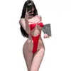 Body de lencería erótica transparente de seda helada sexy, traje de baño femenino seductor ajustado, bikini con cordones, pequeño diseño de tres puntos 2026