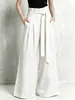 Pantalones de pierna ancha de algodón y lino de cintura alta, estilo europeo y americano para mujer, con cintura plisada de papel, tirantes de amarre y un corte holgado y fluido, adecuados para ir al trabajo.