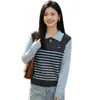 Suéter de Punto Rayado de Color Contrastante para Mujer, Nuevo Estilo de Primavera, Casual, Rejuvenecedor, Cuello Camisero, Jersey, Para Superponer, Falso Dos Piezas, Camisa Polo de Manga Larga