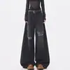 Jeans de retazos a cuadros negros estilo retro americano para mujer, nuevo estilo de verano 2026, pantalones versátiles de cintura alta rectos holgados de pierna ancha