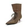 Botas de Piel de Vaca para Mujer con Cordones, Caña Media y Tacón de Gato, Nuevas de Otoño, Piel Genuina, Punta Fina, Slip-On, Estilo Coreano, Botas Sueltas de Caña Media