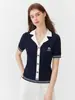 Camisa de Tricô com Gola Canelada, Bloqueio de Cores Azul Marinho Minimalista, Bordado de Palmeira, Manga Curta Listrada - Top para o Trabalho - Verão Inicial 2026
