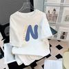 2023 Verano Nuevo Algodón Letra Camiseta de Manga Corta para Mujer Largo Medio Combinable Camiseta de Media Manga Holgada Talla Grande Top