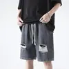 Pantalones cortos de mezclilla lavada rasgados de moda para hombre, pantalones casuales de verano rectos holgados con cordón, jeans elegantes de pierna recta