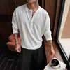 Camiseta Henly de Manga Longa Estilo Old Money Masculina Texturizada Marca Americana Tendência Botão Suéter Solto Camada Base Tricô