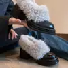 Botas retro de pelo con tacón alto grueso para mujer, nueva colección otoño/invierno 2026, sin cordones con suela gruesa, forradas de felpa, cálidas botas de algodón, zapatos pequeños de piel