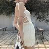 Backless Spice Girls branco malha slip vestido feminino chique hip bag saia sexy saia para férias à beira-mar
