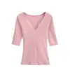 Camiseta Sexy de Chica Atractiva con Cuello en V Profundo y Mangas Medias 2026 Verano Nuevo Elegante Versátil Ajustada Color Sólido Top Básico