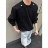 Sudadera con Decoración de Hombro con Remaches Bordados de Nicho para Hombre Primavera y Otoño Diseño de Cuello Redondo Holgada Casual Versátil Manga Larga