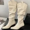 []Botas de Punta Puntiaguda Plisadas Estilo Retro con Tacón Grueso, Botas Largas de Caña Alta, Botas Vaqueras Occidentales Únicas Estilo Caballero para Mujer