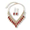 Brincos de Franja em Forma de Gota de Água Europeus e Americanos Transfronteiriços Cravejados com Diamante Vermelho Colar Corrente de Clavícula de Luxo Nicho Conjunto de Joias de Luxo para Mulheres