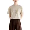 Camiseta casual versátil de verano para mujer, corte holgado, estampado de letras, sellado dorado, efecto desgastado, manga corta, mezcla de algodón y lino, nueva colección, hombros caídos, antibacteriana
