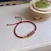 Pulsera de Cristal de Fresa Calcedonia Moneda de Cobre, Pulsera Tejida a Mano, Regalo para Novia, Regalo para Estudiante, Cristal Natural