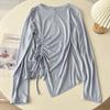 Delgada Camiseta de Algodón Tencel Arrugada Asimétrica Protección Solar Ropa Diseño Verano Manga Larga Cuello Redondo Blusa Aire Acondicionado Moderna