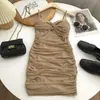 Moda de Verano Elegante Estilo Maduro Vestido de Tirantes Finos para Mujer, Sexy Nudo Retorcido Plisado Cruzado Ajustado Corto de Moda