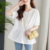 Algodón Cocoon Verano Nuevo Camisa de Manga Larga de Algodón Puro para Mujer Cuello Redondo Manga Corta Top Asimétrico Plisado Camisa de Alta Gama para Mujer