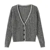 Cardigan Tricotado Elegante Color Block Listrado com Decote V de Botão Único Solto Vazado Emagrecedor para Mulheres