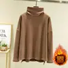Camiseta de veludo solto de gola alta de manga comprida feminina com gola de pilha interna quente plus size Camisa de base de estilo ocidental grosso outono e inverno Top