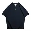 Camisa Polo de Verão para Homens, Estilo Retro Americano, Gola Henley, Manga Curta, Camiseta de Algodão Puro Pesado, Caimento Solto, Top de Cor Sólida