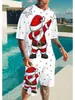 Conjunto de camiseta casual de corte holgado y pantalones cortos con estampado digital 3D temático de Navidad, superventas transfronterizo europeo y americano