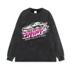 Camiseta de Manga Corta Vintage con Estampado de Coche Deportivo Callejero Flor Frita Europea y Americana Lavada a la Perfección Marca de Alta Calle de Moda Holgada Talla Grande Manga Corta