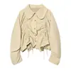 Moda Femenina Nueva Primavera Estilo Europeo y Americano Cuello Solapa Un Botón Manga Larga Cordón Fruncido Chaqueta Abrigo Corta para Mujer