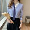 Camisa Profissional Feminina Primavera Design Retrô Gola de Terno Cadarço Chiffon Manga Longa Estilo Camisa Camiseta para Camadas