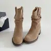 Botas meia de camurça plissada retrô, novas botas longas Maillard Outono/Inverno 2026, botas de montaria western cowboy