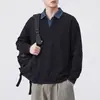 Outono 2026 Novo Moletom Gola Polo Patchwork Estilo Americano Falso Duas Peças Manga Longa Masculino Simples Solto Versátil Roupa de Fora