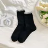 Meias Femininas até a Panturrilha Zhuji com Renda de Borda Bolha, Meias Finas JK, Meias Femininas Estilo Ballet com Laço, Meias Estilo Japonês