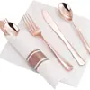 Amazon cubiertos desechables de plástico color acero inoxidable cuchillo tenedor cuchara servilleta juego oro rosa vajilla tres piezas transfronterizo